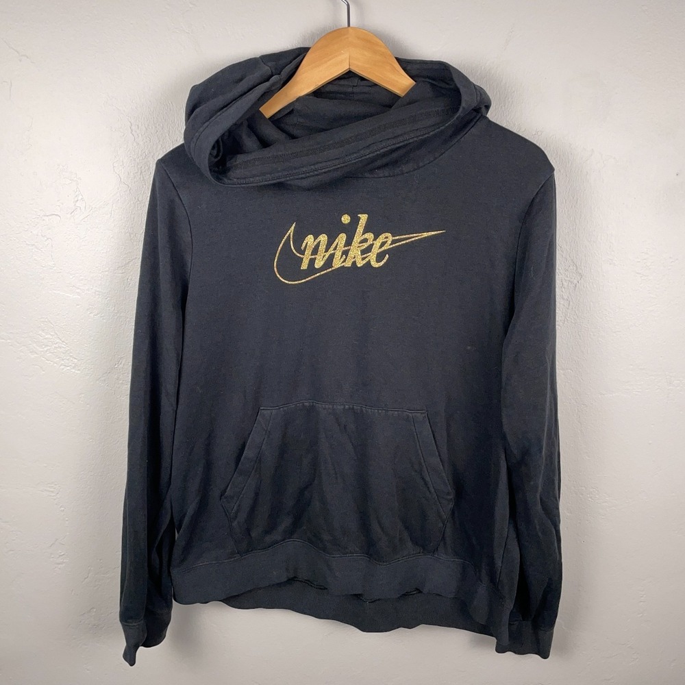 Nike Cowl Neck Hoodie Women L Glitter Logo Pullover Sweater Black Gym Run Active